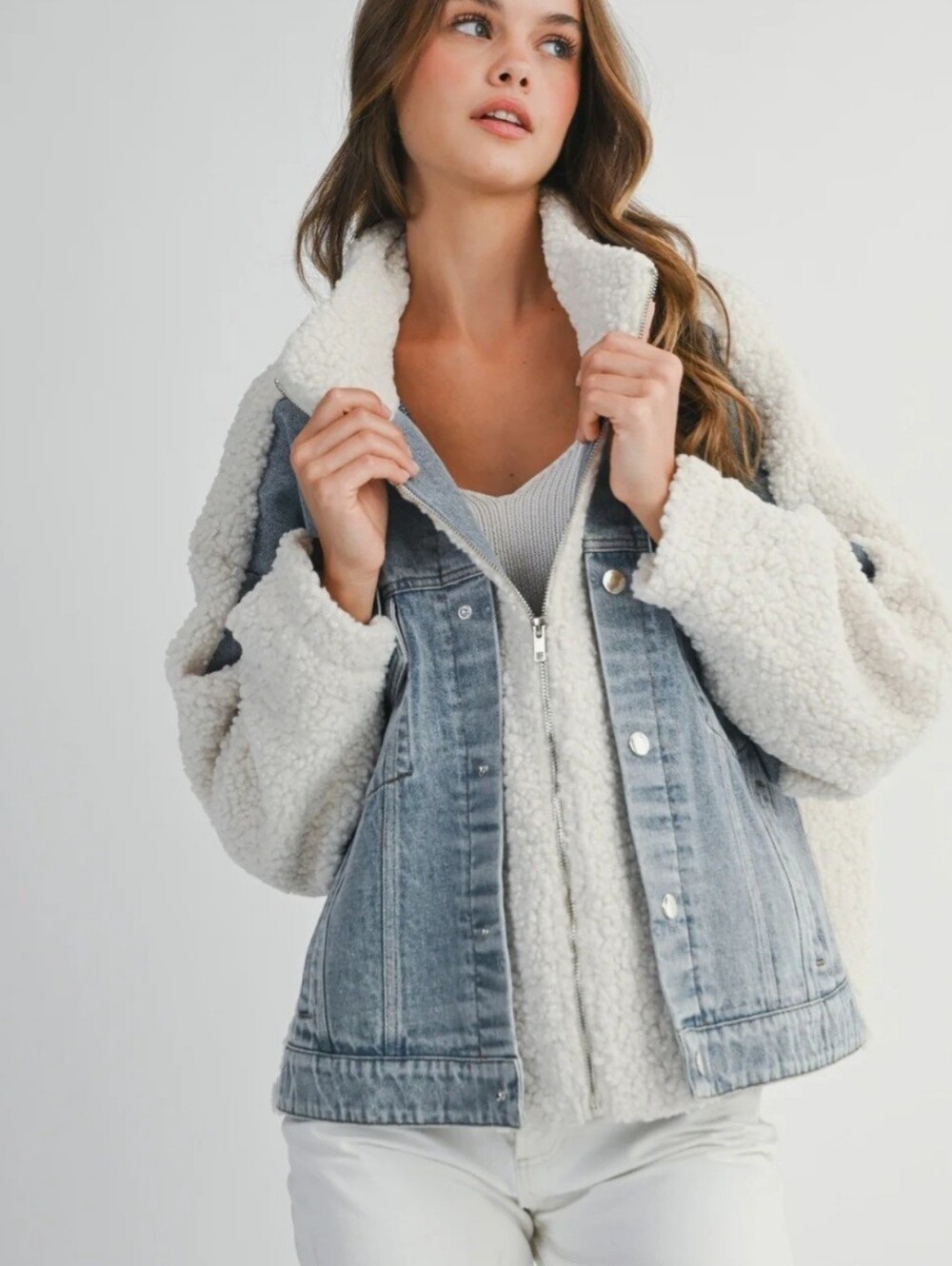 Oversized Boxy Silhouette Jacket Mix n Match Denim and Fleece Combo